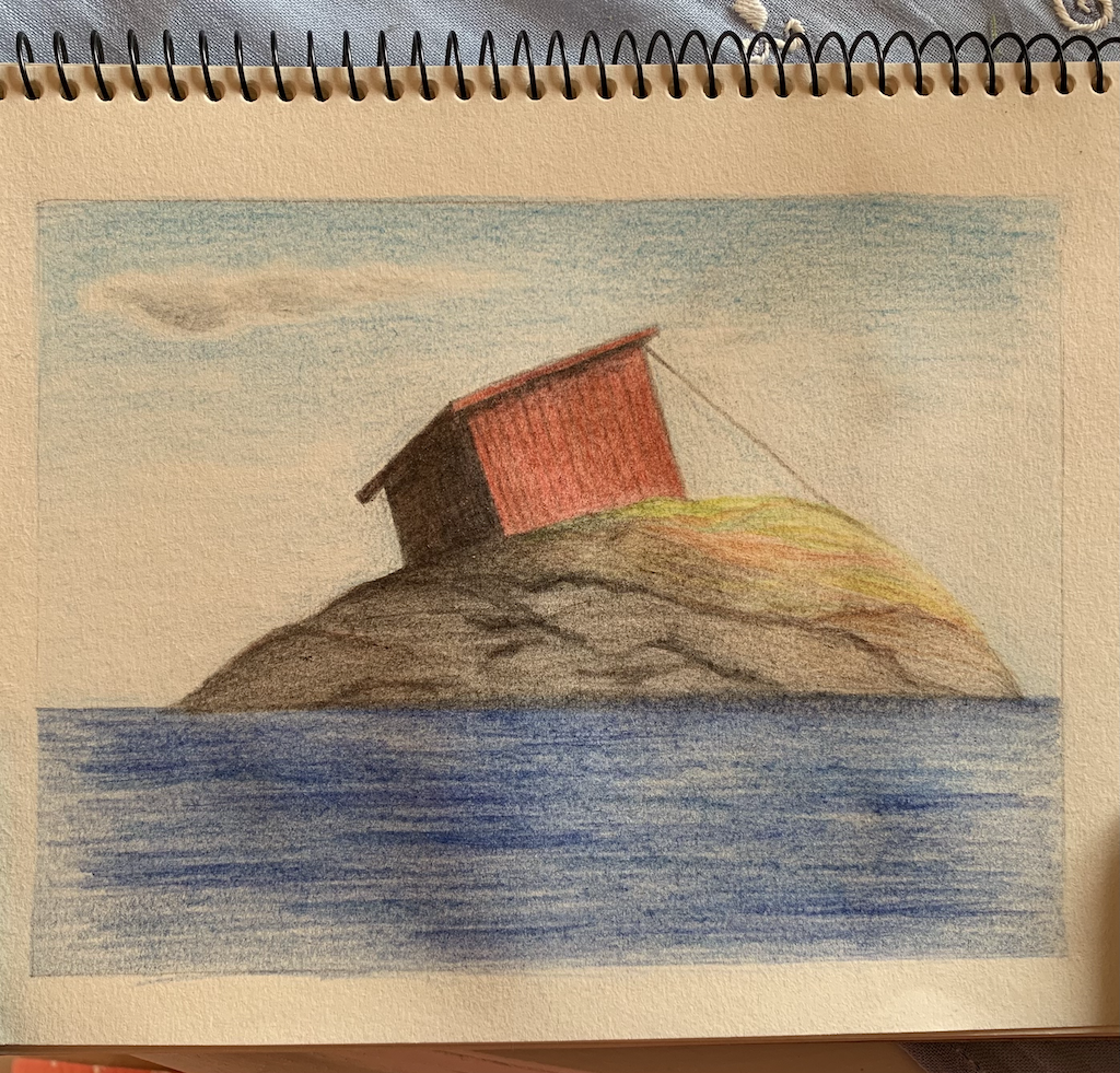 Colored pencil of a red stuga on Lilla Risholmen